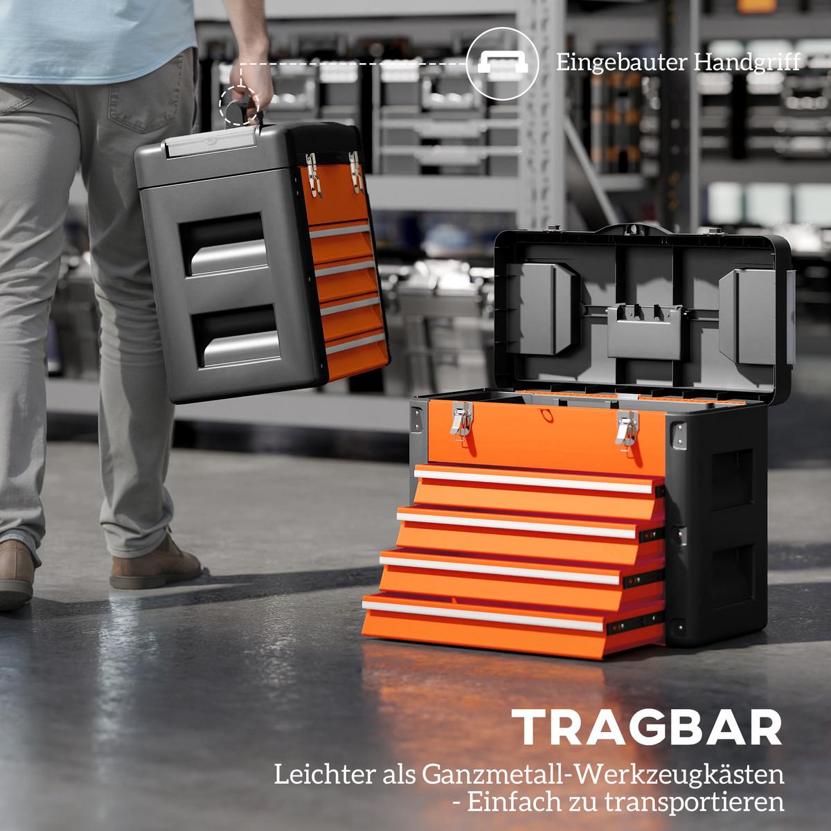 WERKZEUGKISTE leer, 49,7 x 25,3 x 40,7 cm Werkzeugkasten mit 4 Schubladen - Orange, Metall (25.3/40.7/49.7cm) - HOMCOM