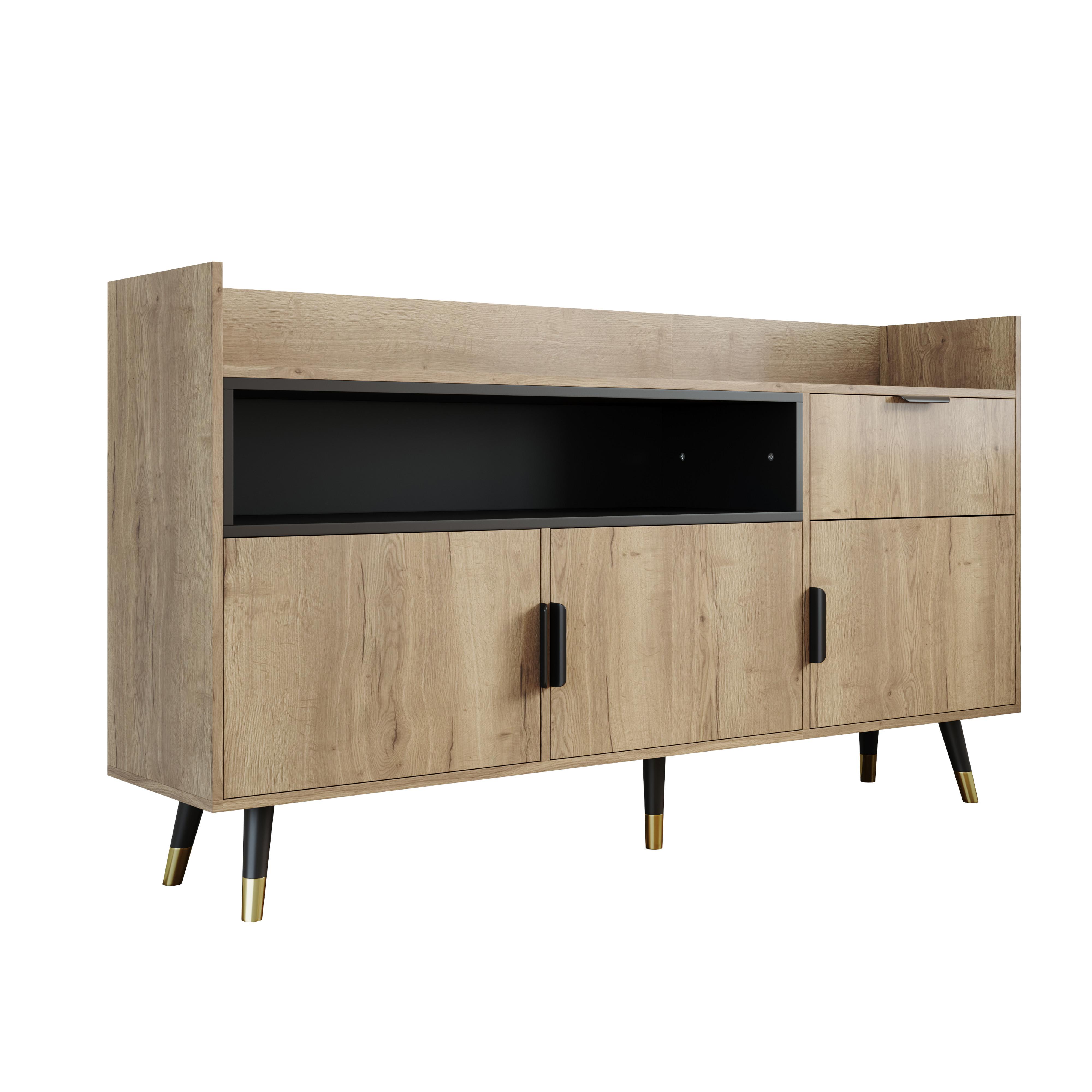 SIDEBOARD 160 cm Naturholz & Schwarz mit offenem Regal, Schublade & Türen im modernen Stil - Naturfarben, Holzwerkstoff (160/82/35cm) - Urban Meuble
