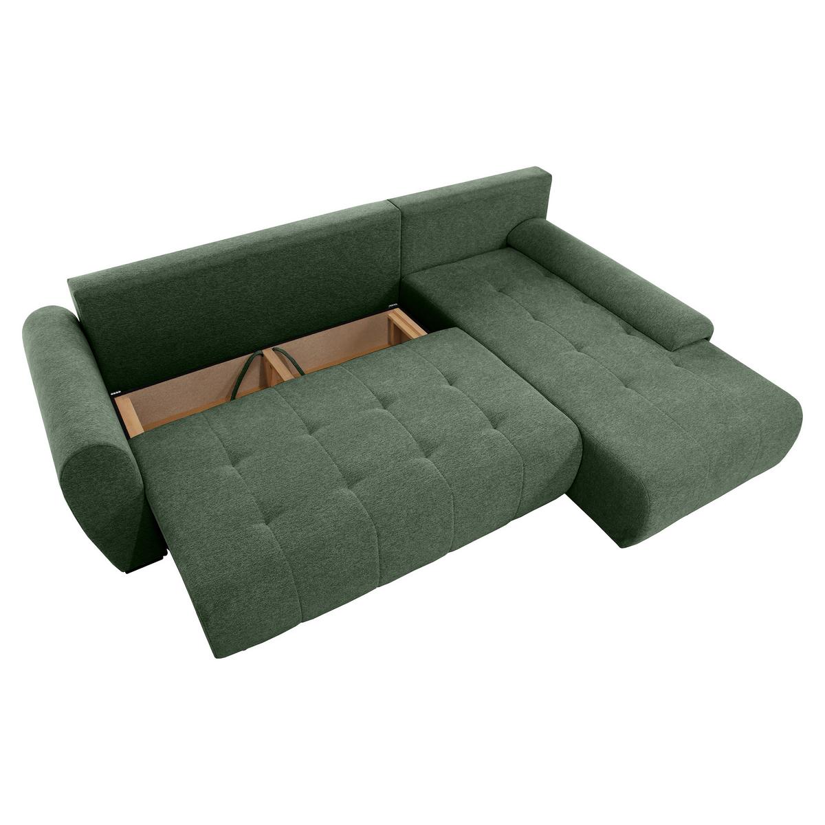 ECKSCHLAFSOFA Dallas mit Bettkasten, 255 cm, Flaschengrün, rechts, Velour-Stoff - Grün, Textil (255/175cm) - Beautysofa