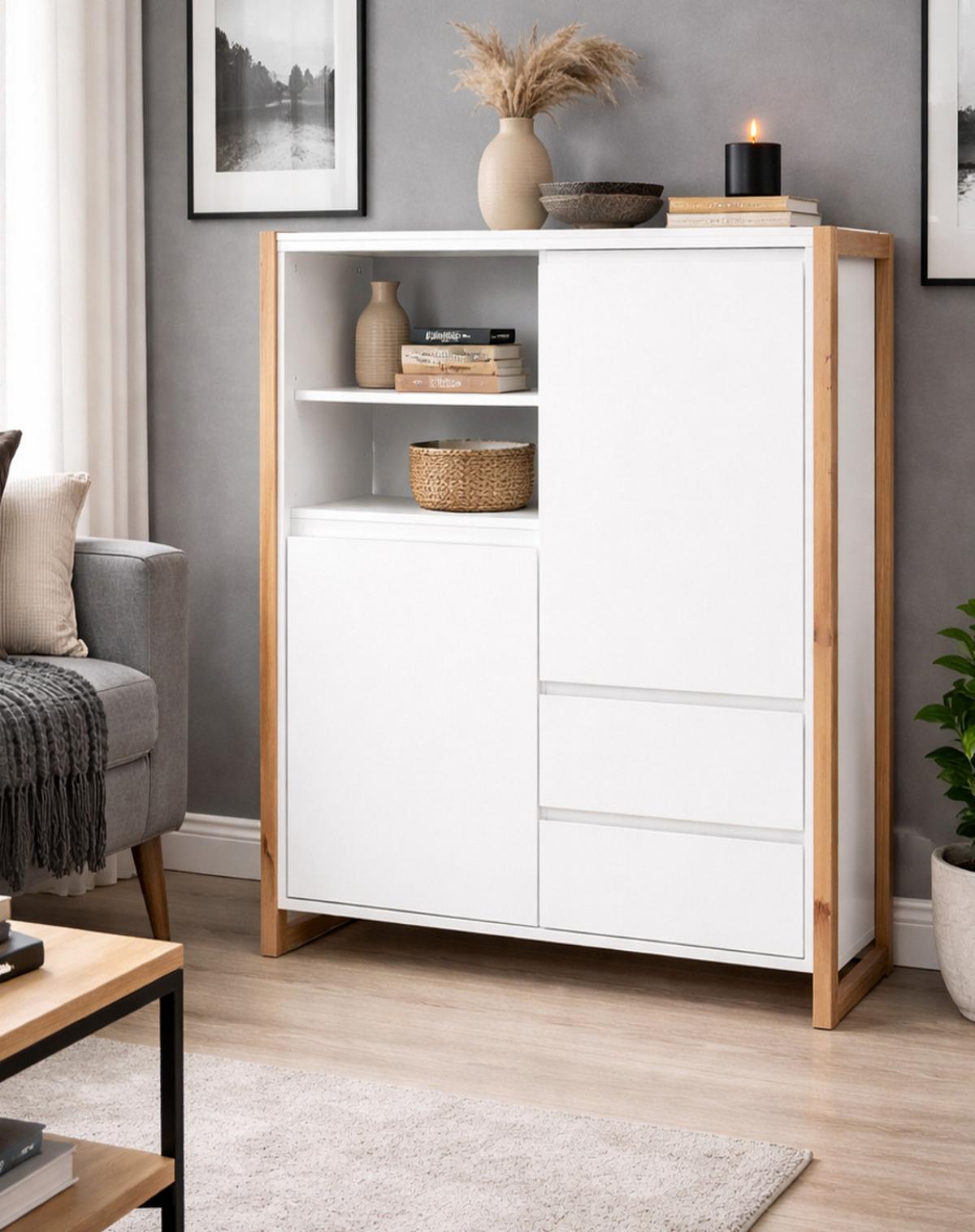 HIGHBOARD weiß, Eiche Artisan 120 cm, Kommode im skandinavischen Design - Weiß/Eiche Artisan, Holzwerkstoff (120/139/40cm) - Furn.Design