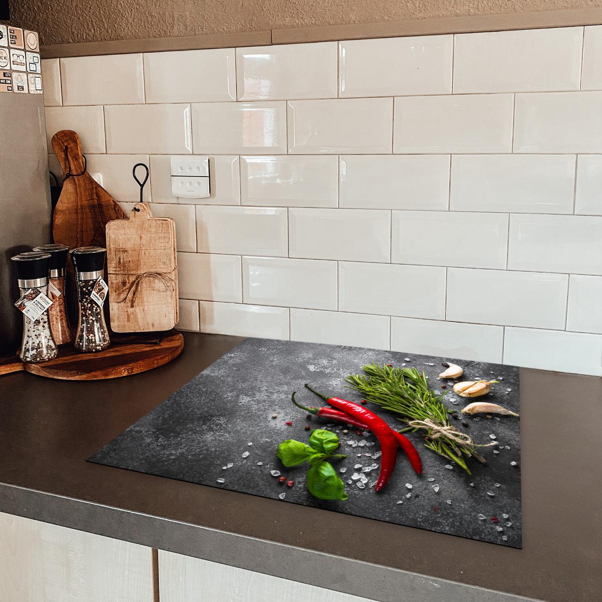HERDABDECKPLATTE Pfeffer - Kräuter - Gewürze - Beton Ceranfeldabdeckung 59x52 cm - Rot, Kunststoff (59/52/0.2cm) - MuchoWow
