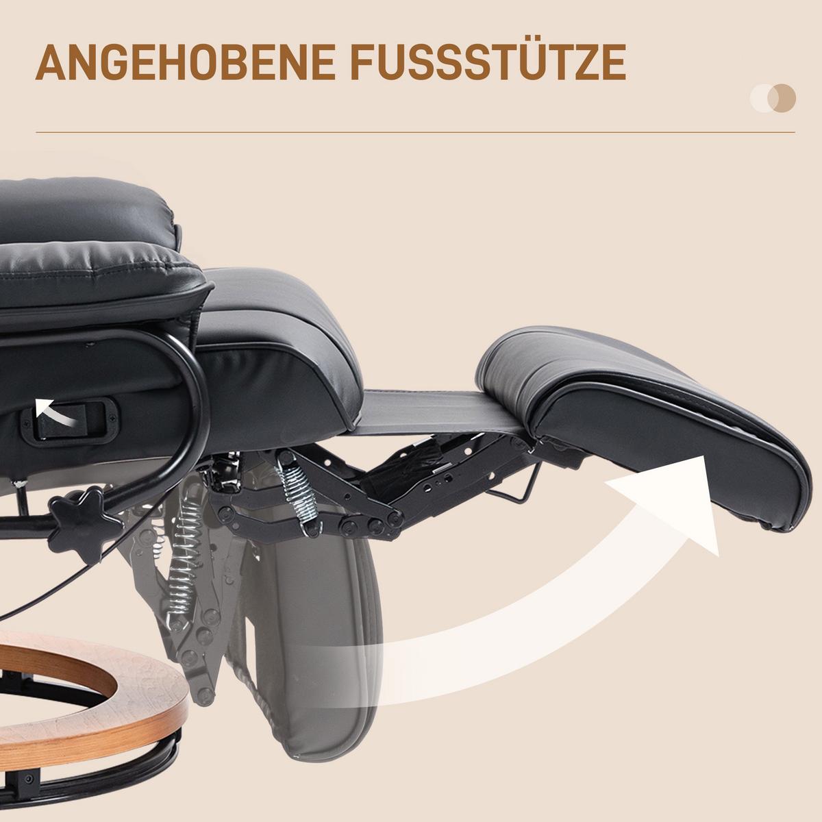RELAXSESSEL Drehbar Fernsehsessel mit Liegefunktion, Fußstütze, Schwarz - Schwarz, Leder/Holzwerkstoff (88/103/78cm) - HOMCOM