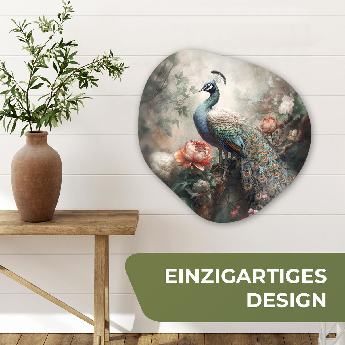 WANDBILD Pfau - Pfauenfedern - Vogel - Dschungel - Blumen Wandbild 60x60 cm - Smaragdgrün, Kunststoff (60/60cm) - MuchoWow