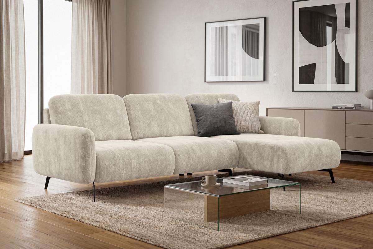 ECKSOFA FEBE 4-Sitzer RECHTS, cremefarbener Chenille-Stoff - Creme/Schwarz, Holz/Textil (264/157cm) - Wozimo