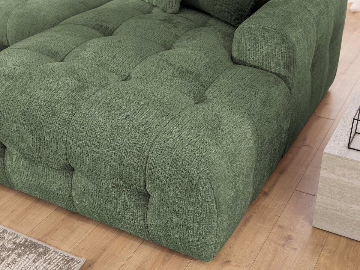 WOHNLANDSCHAFT inkl. Hocker Kozy im Bumpy-Design mit Schlaffunktion und fester Rückenlehne aus weichem Grün Chenille-Stoff - Schwarz/Grün, Holz/Kunststoff (323/79/161cm) - S-Style