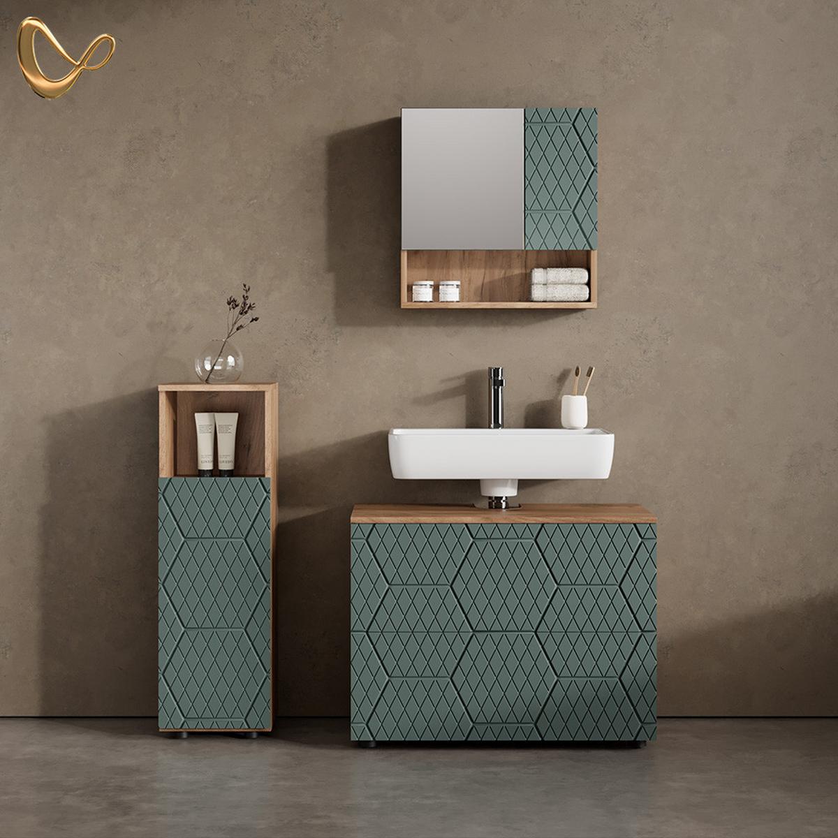 BADMÖBEL-SET Ronco Grün/Goldkraft Eiche 3 Teile, mit Midischrank - Honigeiche/Grün, Holzwerkstoff (80/58/41cm) - Livinity®
