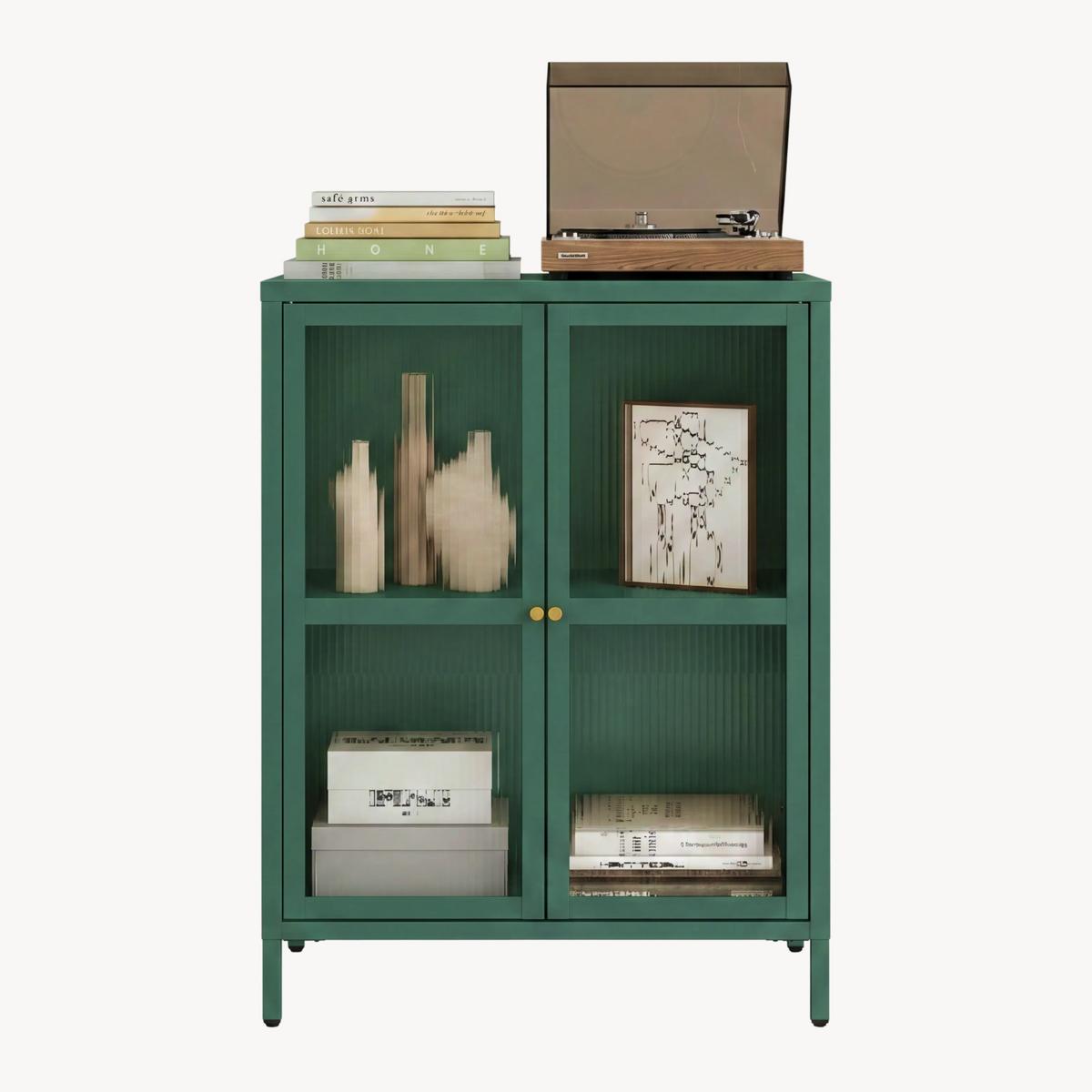 VITRINE Säkylä - Dunkelgrün/Transparent, Glas/Metall (64/84/35cm) - [en.casa]