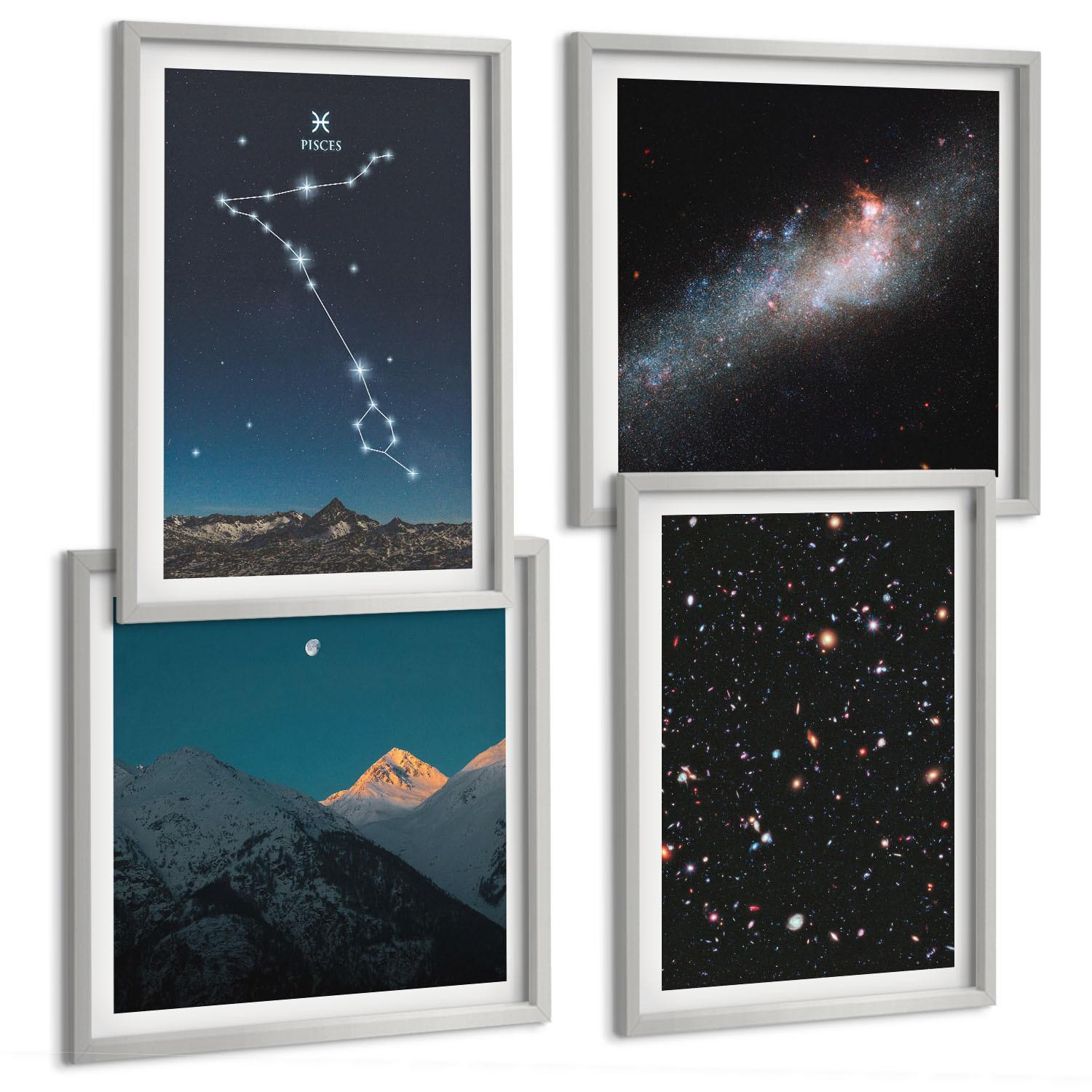 BILDER SET 4er Set - 50x50 cm & 40x60 cm Silberner Rahmen - Kosmische Landschaften der Fische-Berge - Silberfarben, Kunststoff (50/50cm) - TULUP