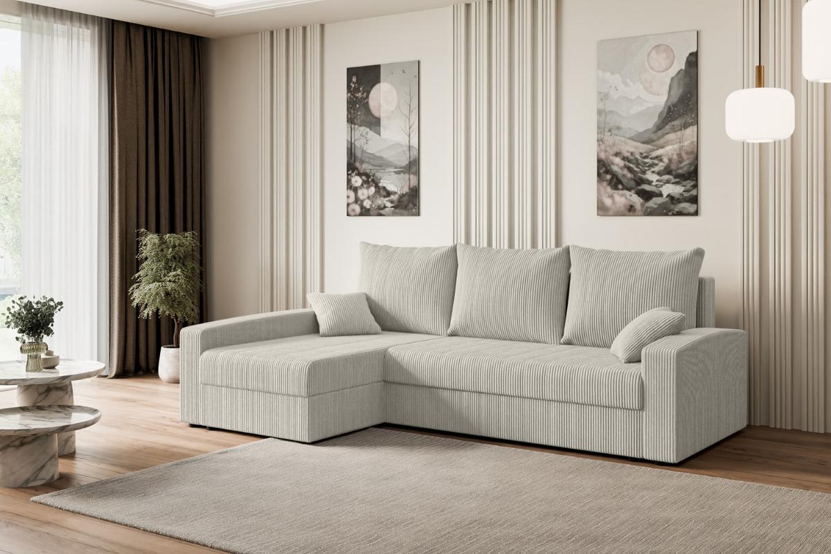 ECKSOFA mit Schlaffunktion und Bettkasten ALESIA-L 231x140x90 cm Creme Cord - Silberfarben/Hellgrau, Holzwerkstoff/Kunststoff (231/140cm) - ALTDECOR