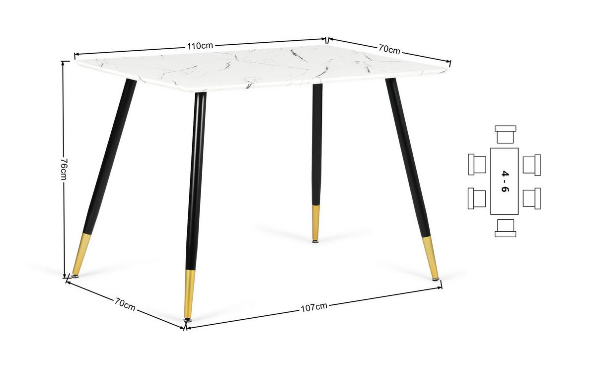 ESSTISCH 110/70/75 cm Rechteckige weiße Marmoroptik - Schwarz, Holz/Metall (70/110/75cm) - Urban Meuble