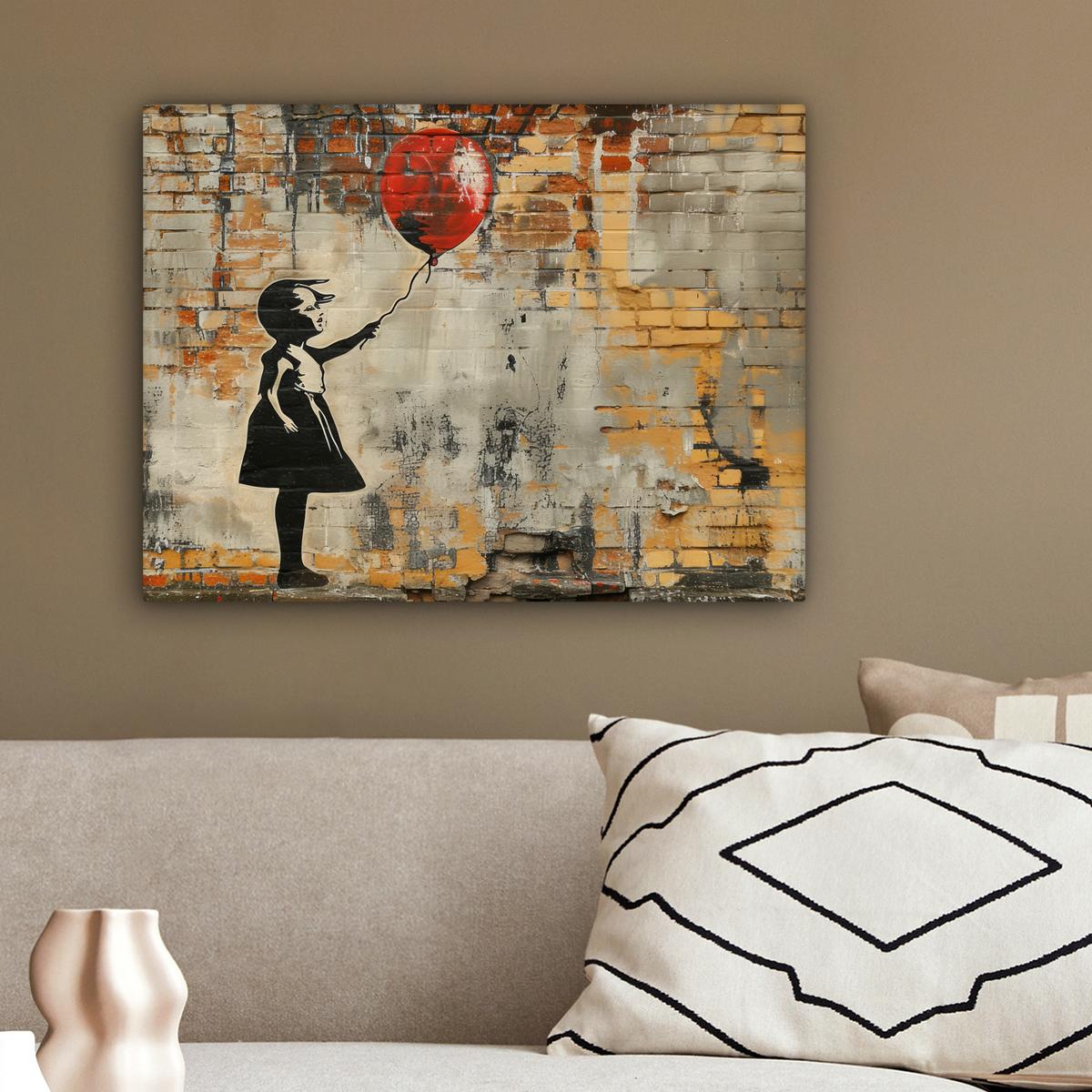 LEINWANDBILD Graffiti - Banksy - Mädchen - Straßenkunst Wandbild 40x30 cm - Sandfarben, Textil (40/30cm) - MuchoWow