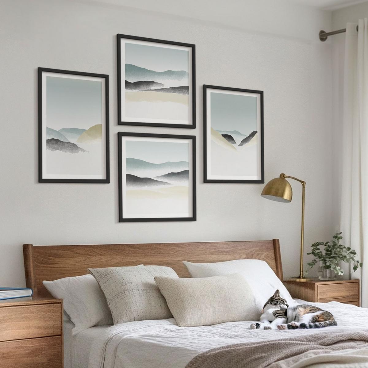 BILDER SET 4er Set - 50x50 cm & 40x60 cm Schwarzer Rahmen - Berge minimalistische Pastellfarben - Schwarz, Kunststoff (50/50cm) - TULUP