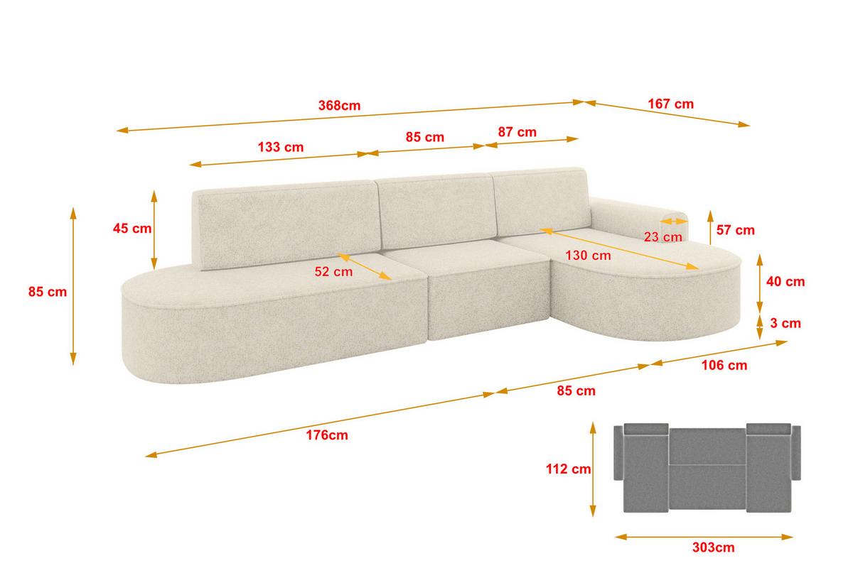 ECKSOFA mit Schlaffunktion Ottomane RECHTS MARI L2-S 368X167X85 Creme Velours - Creme/Schwarz, Holzwerkstoff/Kunststoff (167/368cm) - ALTDECOR