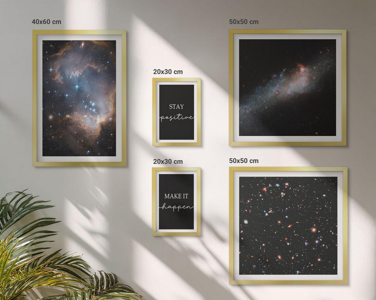 BILDER SET 5er Set - 50x50 cm & 20x30 cm & 40x60 cm Goldrahmen - Motivationsslogans Sterne Weltraum - Goldfarben, Kunststoff (40/60cm) - TULUP