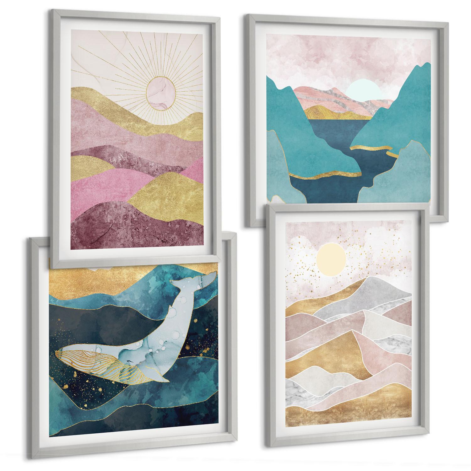 BILDER SET 4er Set - 50x50 cm & 40x60 cm Silberner Rahmen - Abstrakte Berge Sonne - Silberfarben, Kunststoff (50/50cm) - TULUP