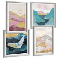 BILDER SET 4er Set - 50x50 cm & 40x60 cm Silberner Rahmen - Abstrakte Berge Sonne - Silberfarben, Kunststoff (50/50cm) - TULUP