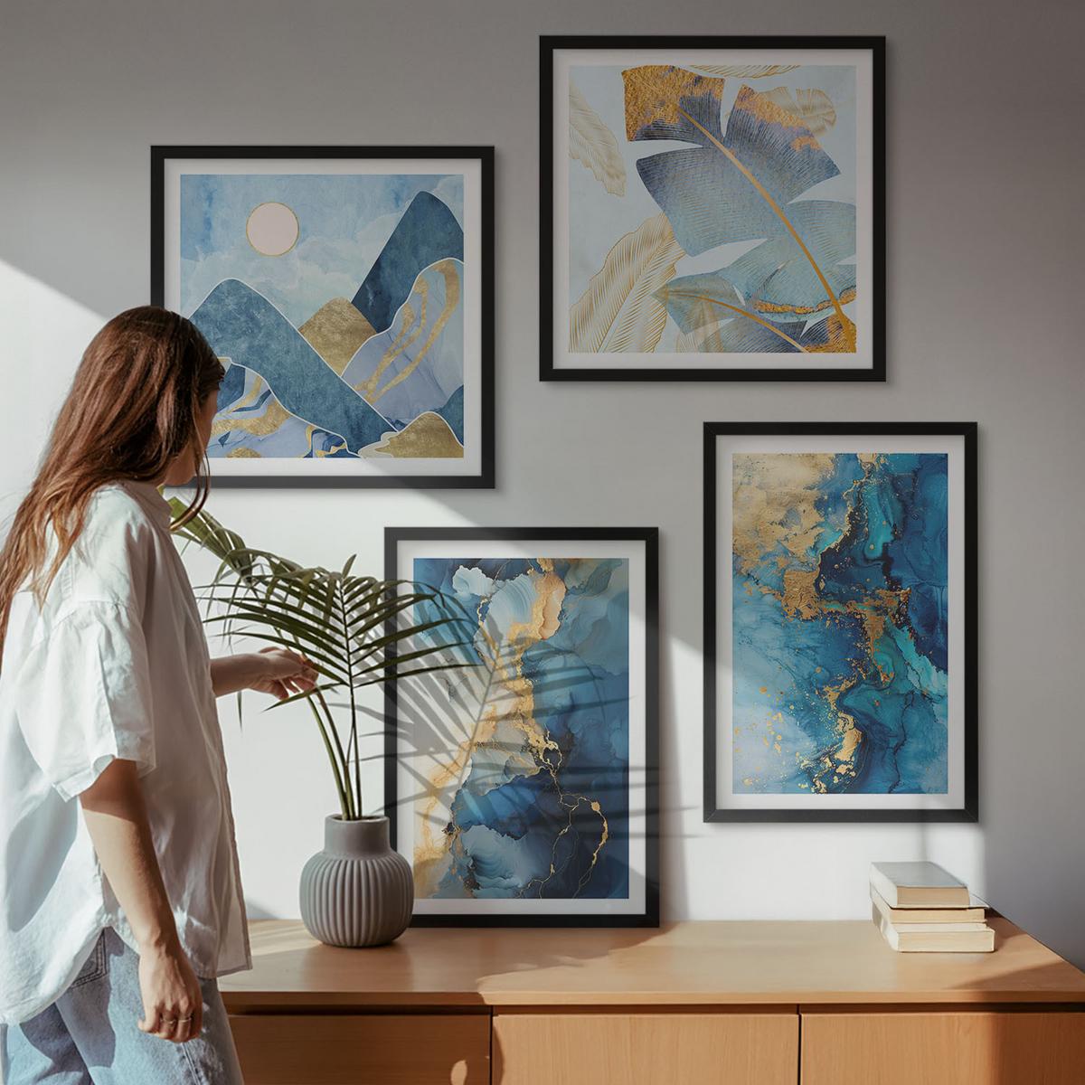 BILDER SET 4er Set - 50x50 cm & 40x60 cm Schwarzer Rahmen - Goldmuster in den blauen Bergen - Schwarz, Kunststoff (50/50cm) - TULUP