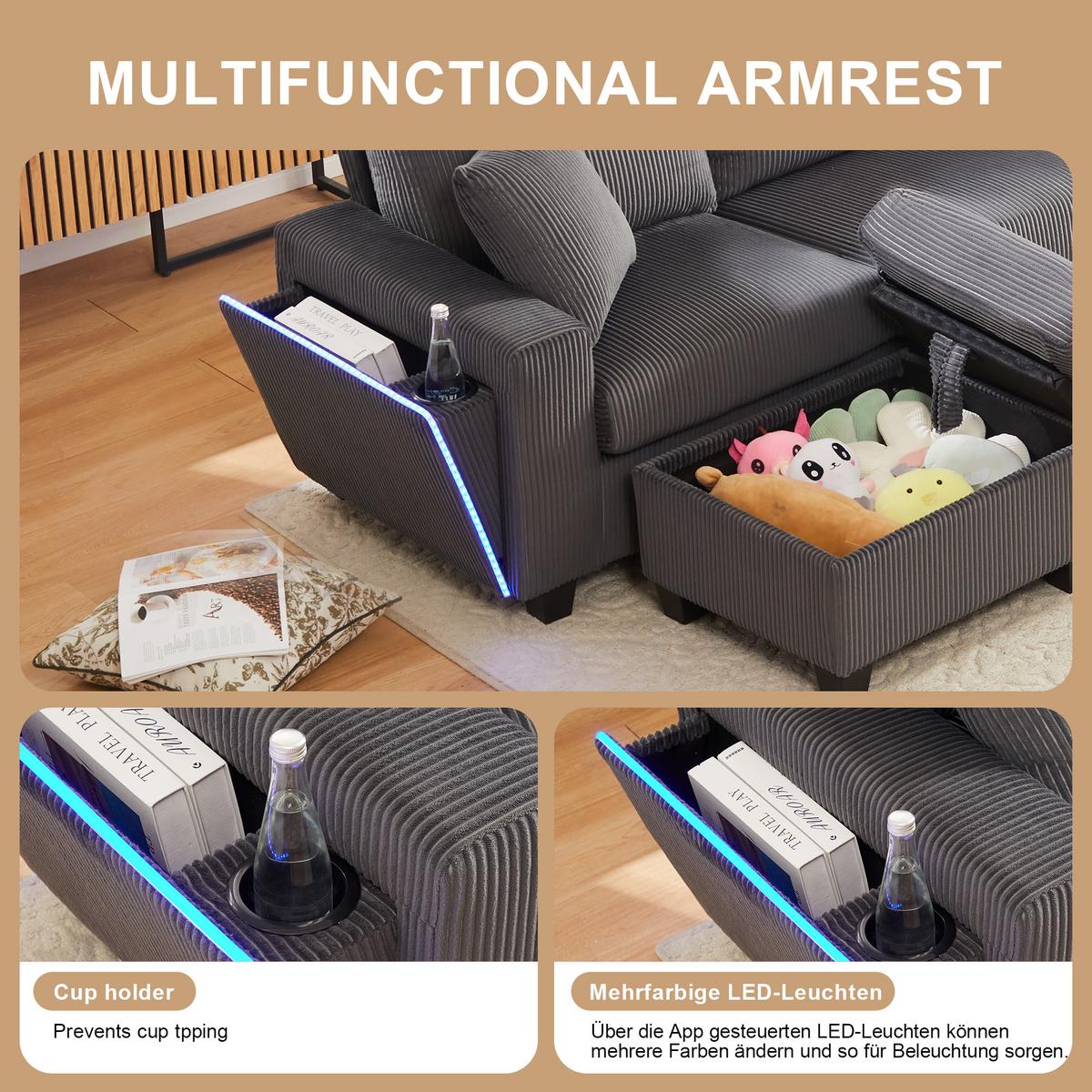 ECKSOFA aus Cord in Grau mit LED-Beleuchtung & smarten USB-Anschlüssen - Grau, Textil (128.5/334cm) - Urban Meuble