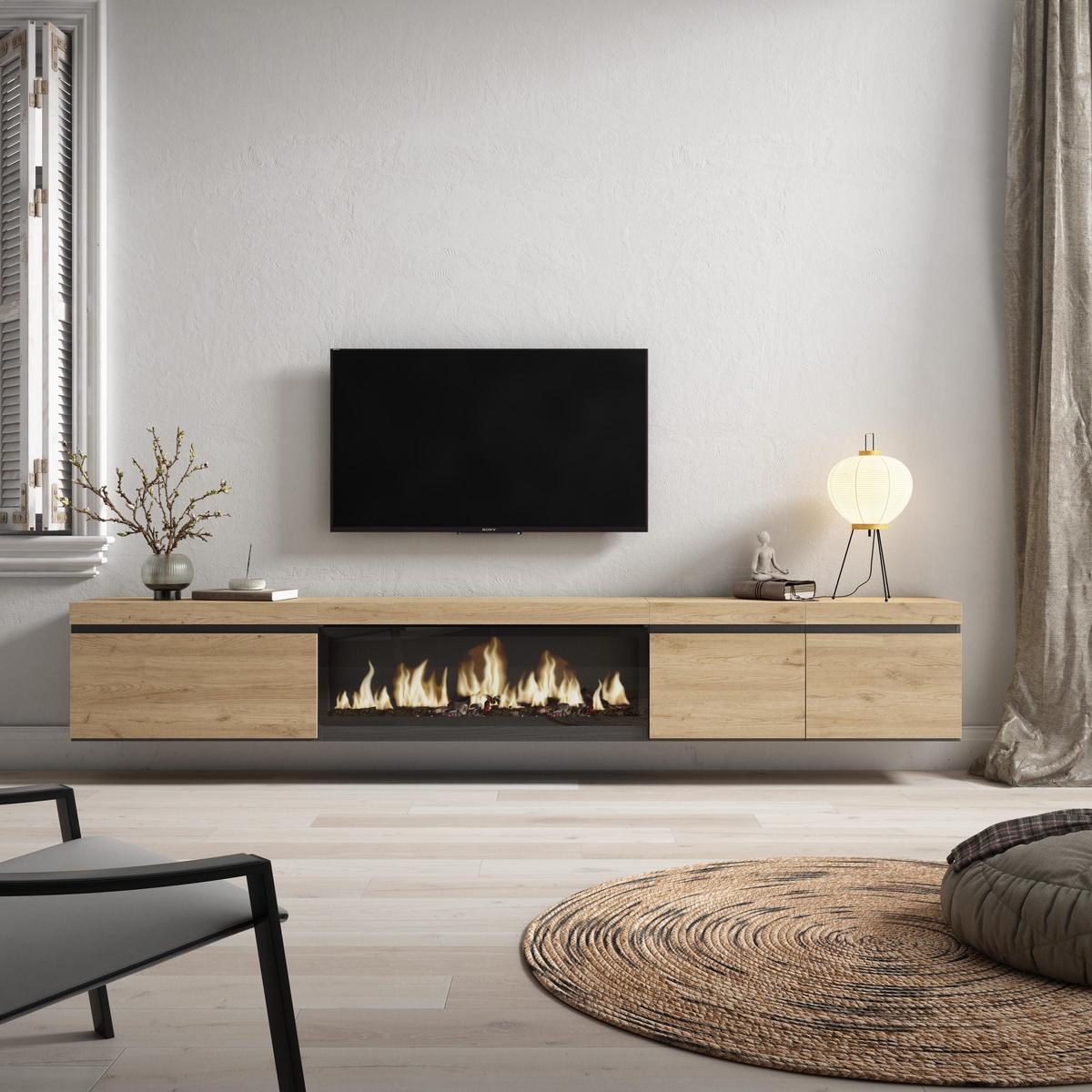 LOWBOARD, mit Elektrokamin XXL, Hängend, Eiche, 288/35/45cm - Eichefarben/Beige, Holzwerkstoff (288/45/35cm) - Skraut Home