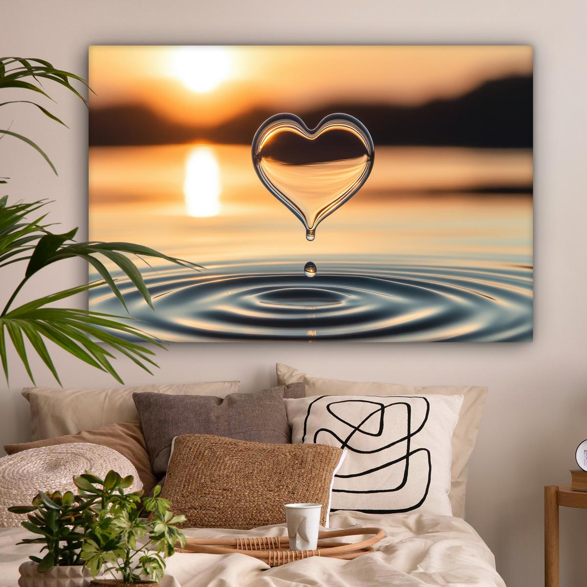 LEINWANDBILD Herz - Wasser - Sonnenuntergang - Natur - Zen Wohnzimmer Groß 120x80 cm - Bernsteinfarben, Textil (120/80cm) - MuchoWow
