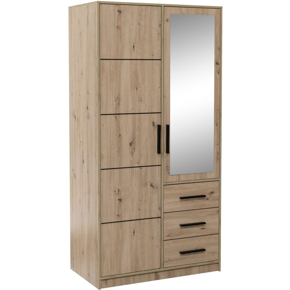 DREHTÜRENSCHRANK Kavo mit Spiegel und 2 Türen, eiche Artisan - Schwarz/Eiche Artisan, Holzwerkstoff (100/200/58cm) - Beautysofa