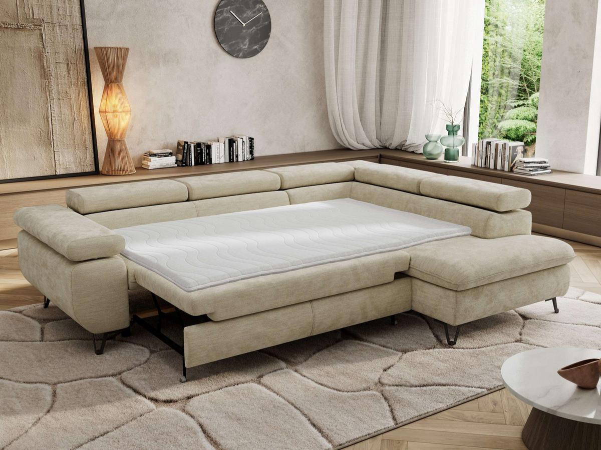 ECKSOFA PABLO L Beige Schenille glatt - Rechts Seite - Beige/Schwarz, Textil/Metall (273/208cm) - MKS