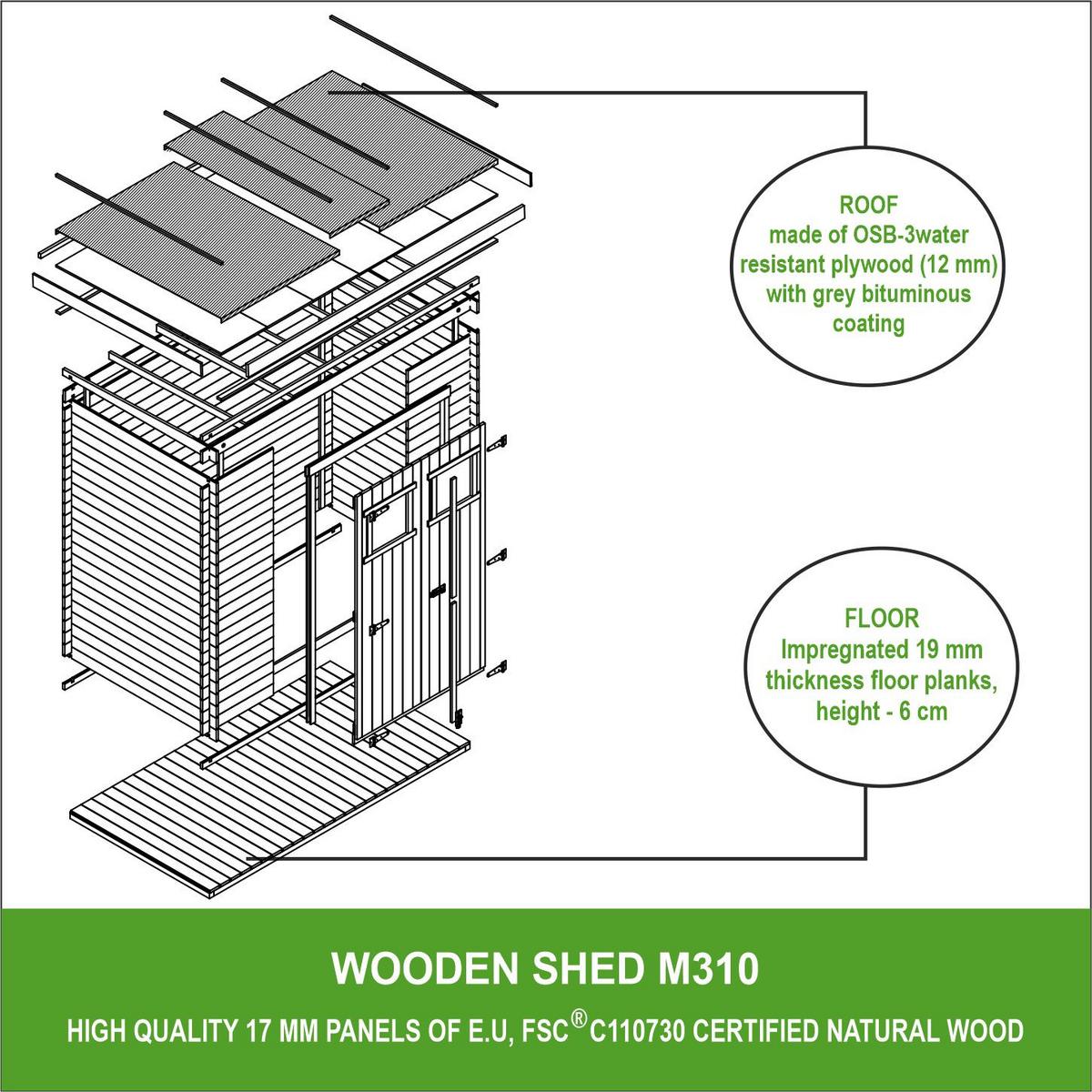 HOLZ-GARTENHAUS mit imprägniertem BodenB239xL142xH200 cm/ 2,63 m2 - M310+M310G - Beige, Holz (239/206/142cm) - Timbela
