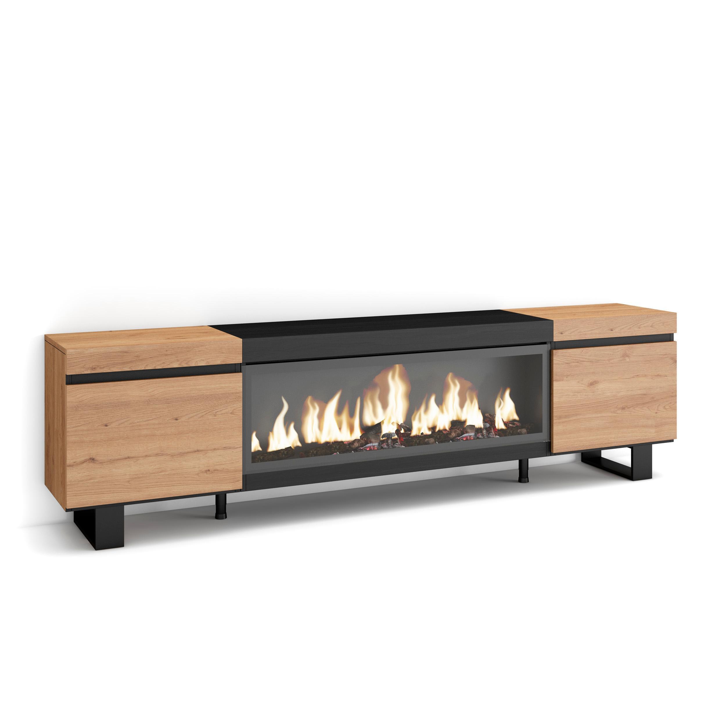 LOWBOARD, Tv-Schrank, mit Elektrokamin XXL, Eiche, Schwarz, 208/35/57cm - Eichefarben/Multicolor, Holzwerkstoff (208/57/35cm) - Skraut Home