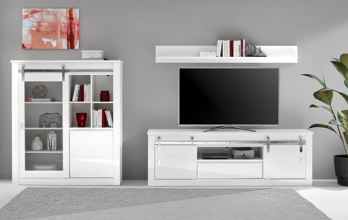 WOHNWAND weiß Hochglanz 3-teilig 349 x 170 cm, Wohnkombination inklusive LED-Beleuchtung, Soft-Close - Chromfarben/Weiß Hochglanz, Glas/Holzwerkstoff (349/170/43cm) - Furn.Design