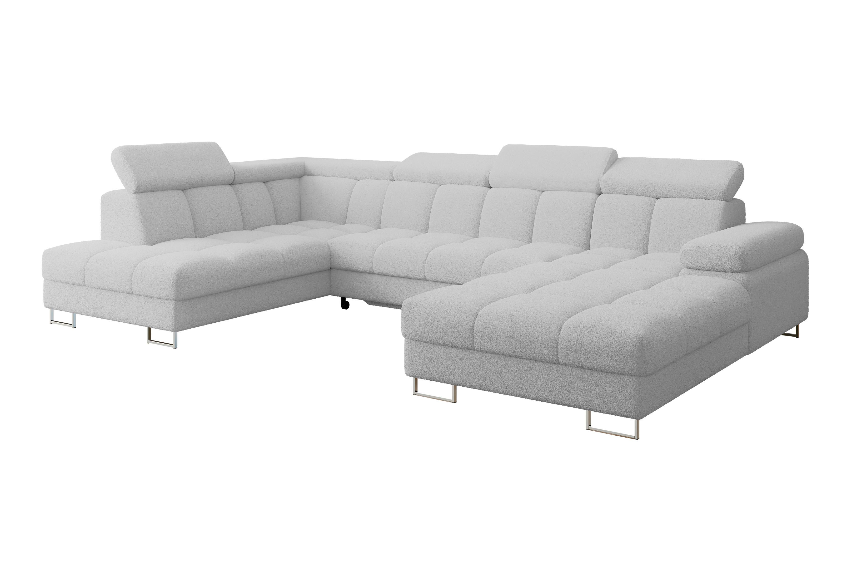 WOHNLANDSCHAFT mit Schlaffunktion und Bettkasten Ottomane Links COMA U 345x203x79 Hellgrau Bouclé - Edelstahlfarben, Holzwerkstoff/Textil (345/79/203cm) - ALTDECOR