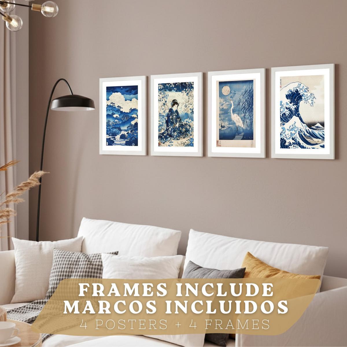 POSTER 4er Bilder-Set Wandbilder Japanisch modern Wohnzimmer Deko, Schlafzimmer, Küche, Badezimmer Weißer Rahmen A4 - Weiß, Papier (29.7/1/21cm) - Nacnic