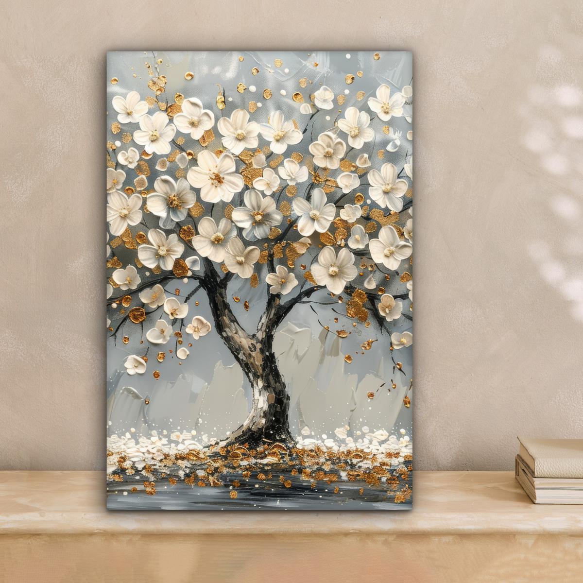LEINWANDBILD Baum - Blumen - Weiß - Natur - Kunst Deko Wohnzimmer 20x30 cm - Weiß, Textil (20/30cm) - MuchoWow
