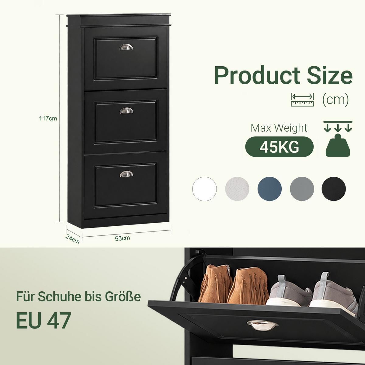SCHUHSCHRANK Schwarz, 48 x 117 x 24 cm, 3 Klappen, bis 12 Paar Schuhe, Einlegeböden 2-stufig verstellbar, für schmale Flure - Schwarz, Holzwerkstoff (53/117/24cm) - SoBuy