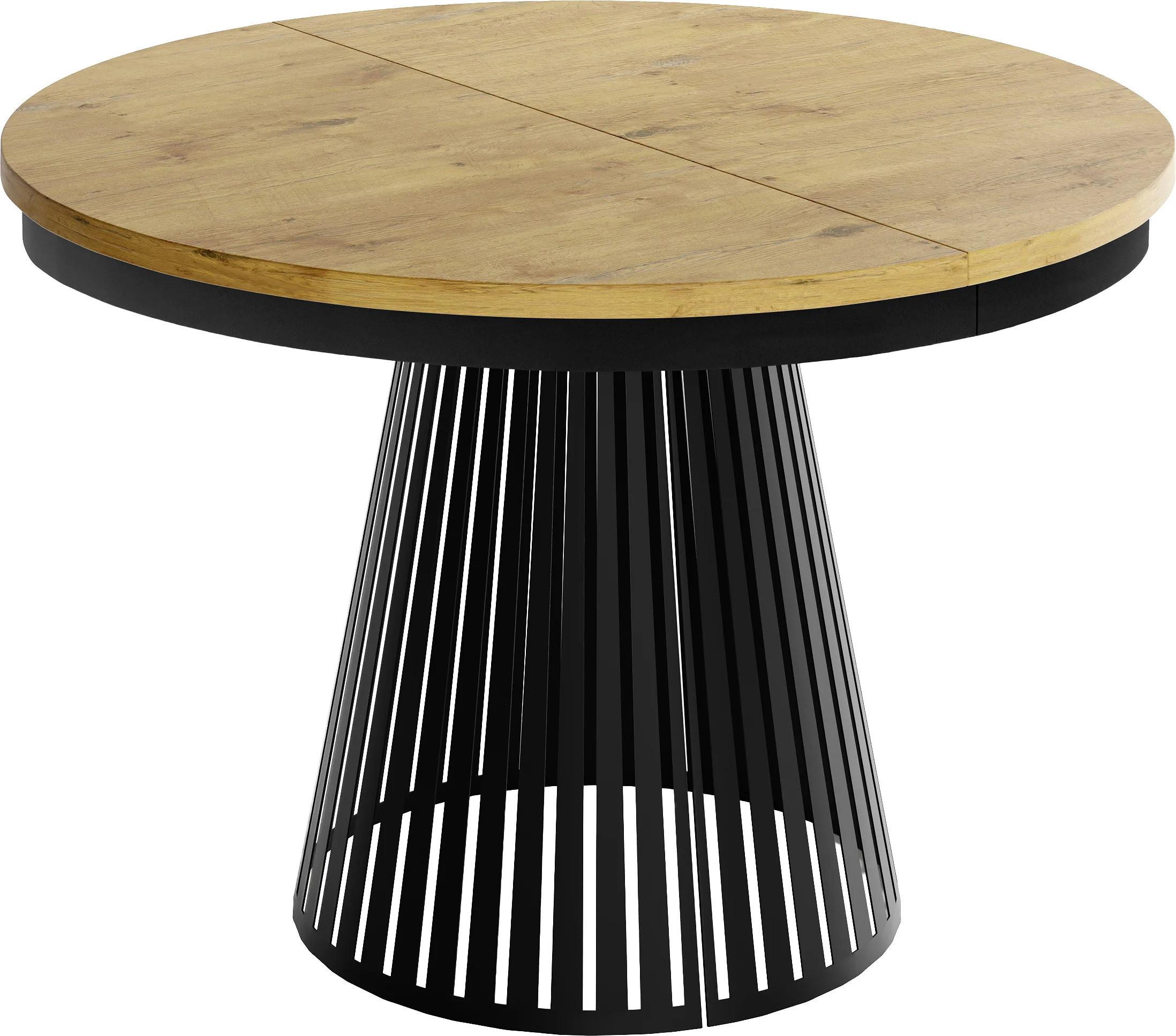 ESSTISCH Naro rund ausziehbar mit Schwarzem Lamellen-Metallgestell, Braun 120-200/120/76 cm - Eichefarben/Schwarz, Holzwerkstoff/Metall (120/196/76cm) - WFL GROUP