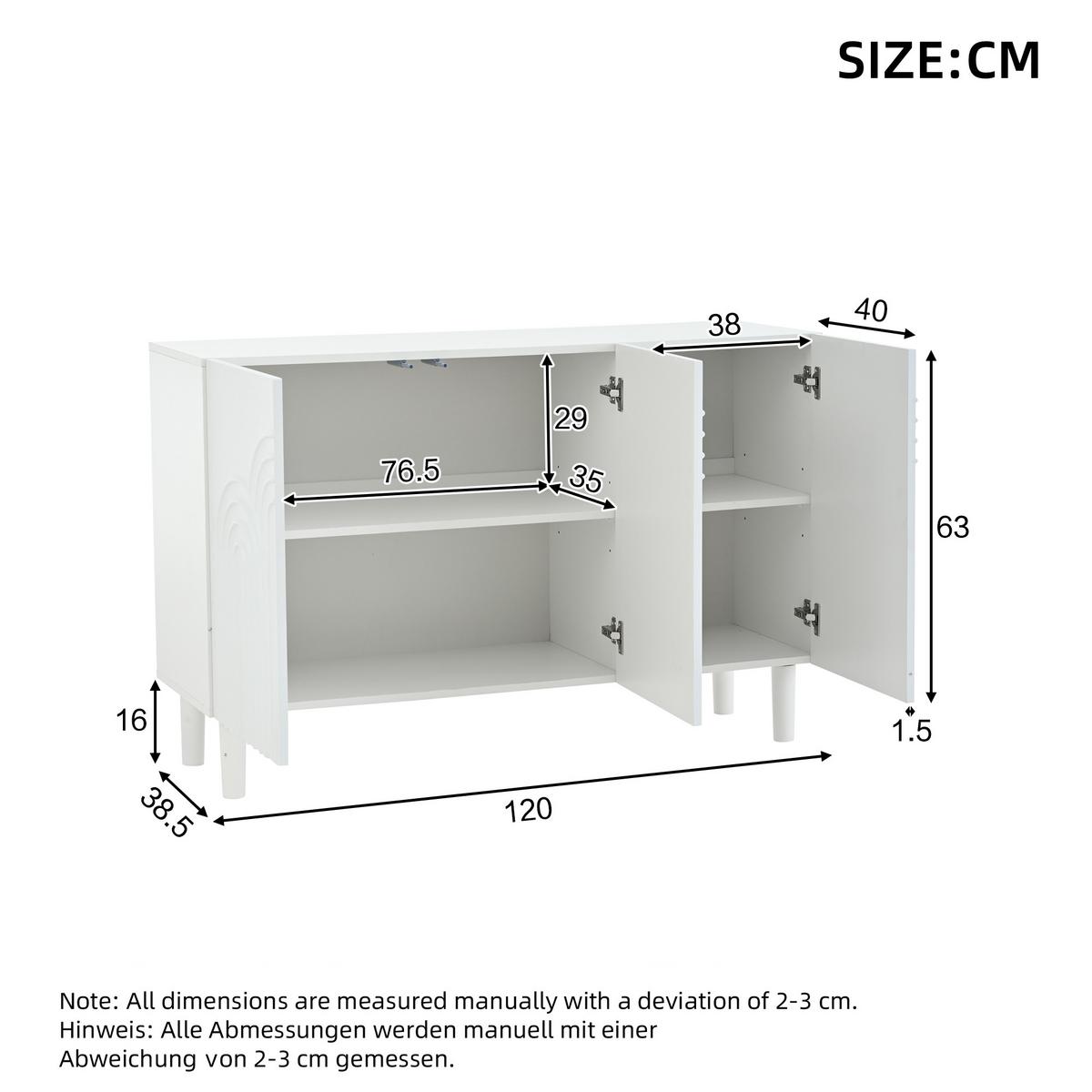 SIDEBOARD 120 cm in Weiß Kommode mit 3 Designtüren & verstellbaren Fächern - Weiß, Holzwerkstoff (120/79/39cm) - Urban Meuble