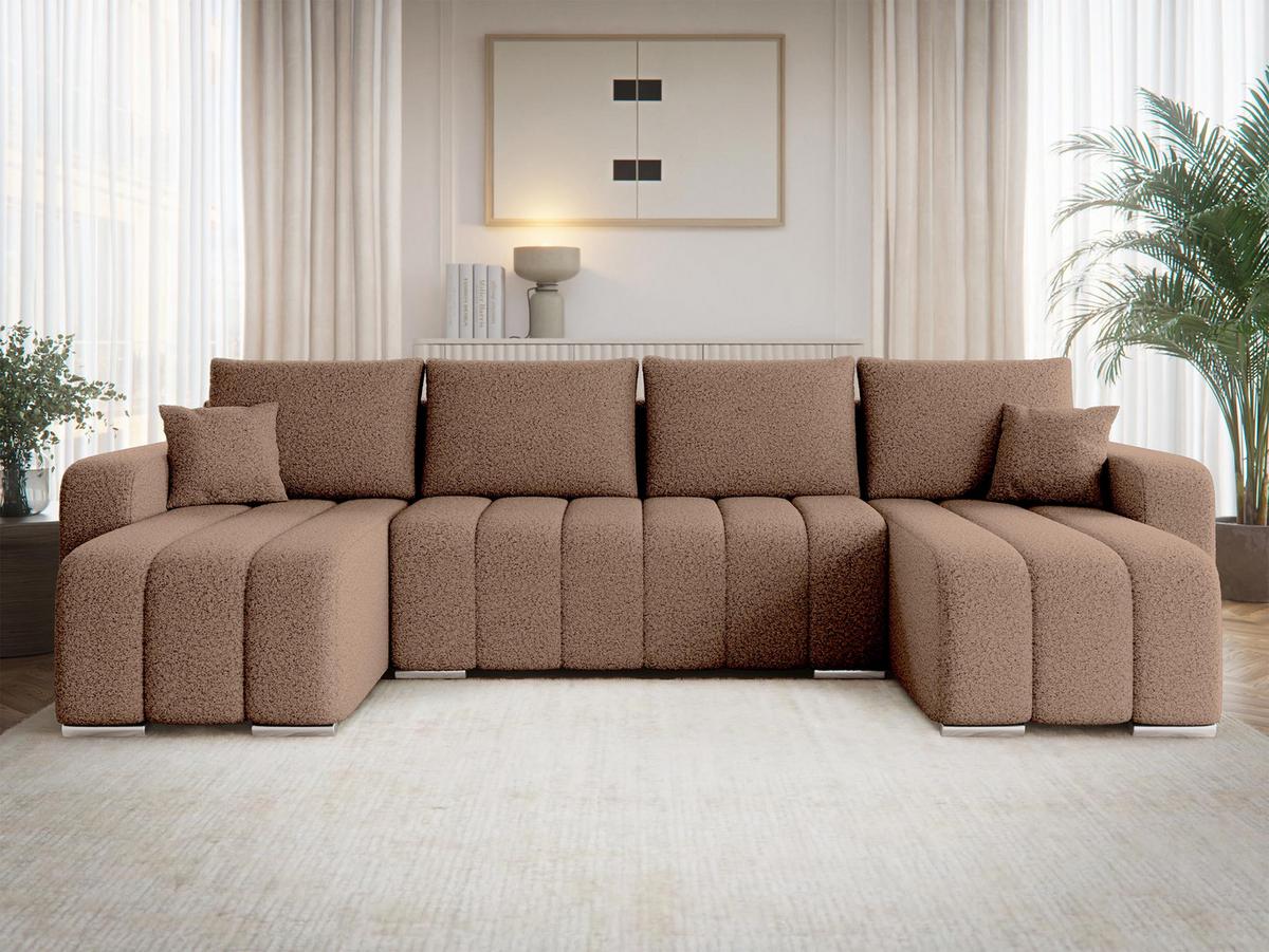 WOHNLANDSCHAFT Pufetto U Boucle - Hellbraun/Silberfarben, Holz/Textil (313/86/147cm) - MIRJAN24