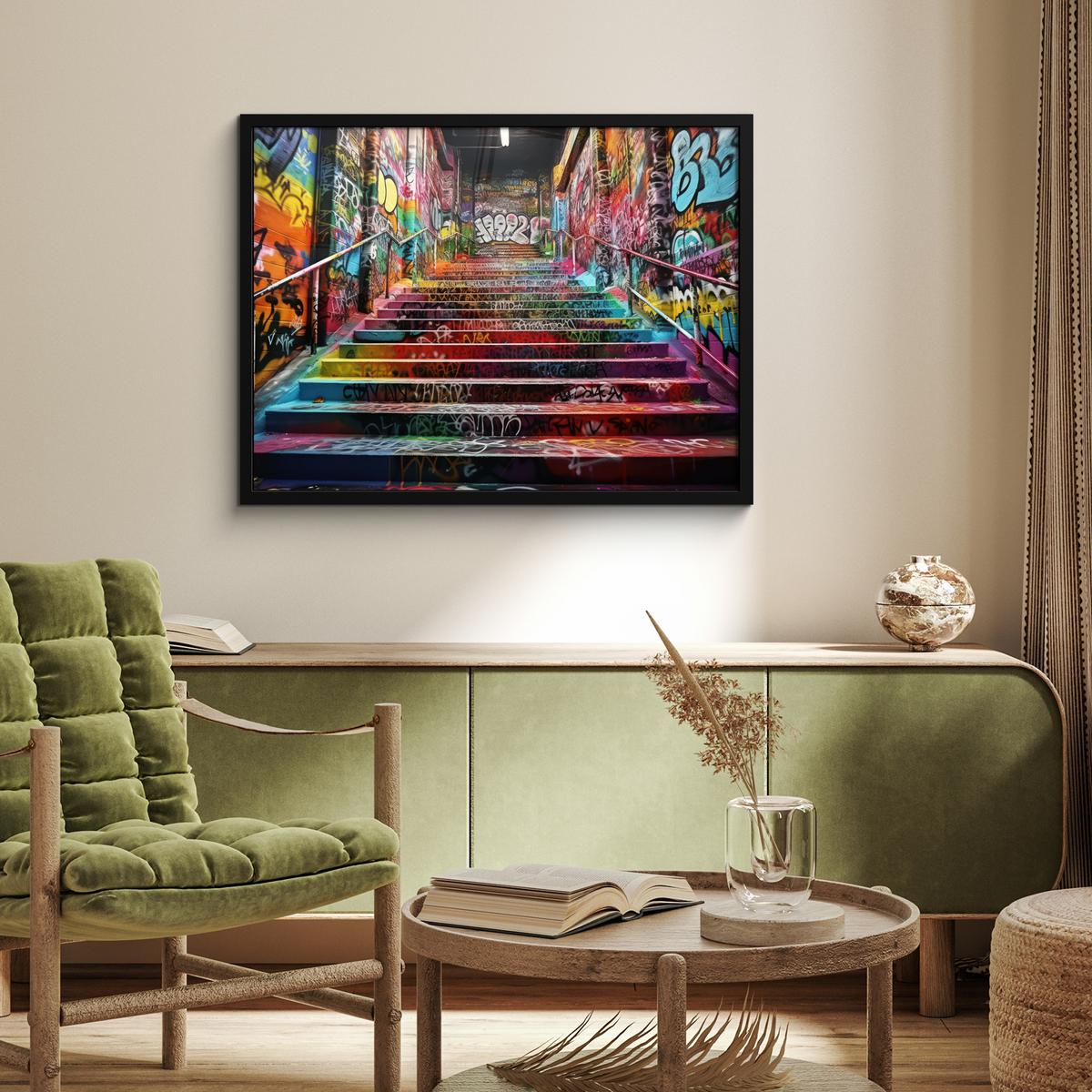 POSTER MIT RAHMENGERAHMTES BILD Treppe - Graffiti - Farben - Kunst 80x60 cm - Multicolor, Papier (80/60cm) - MuchoWow