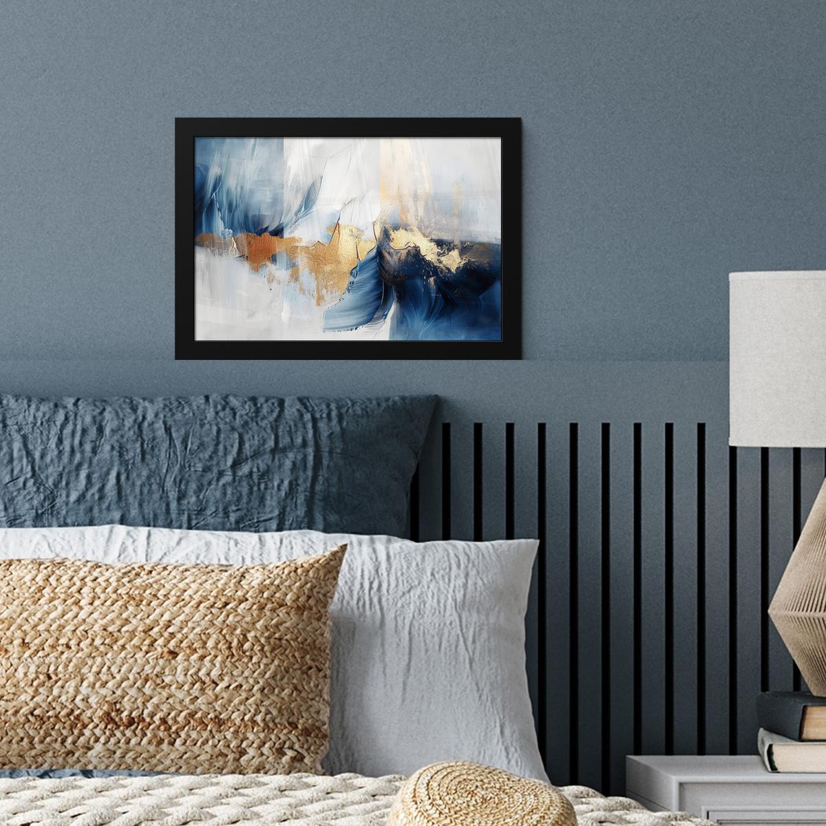 POSTER MIT RAHMENGERAHMTES BILD Gold - Blau - Aquarell - Kunst - Modern 30x20 cm - Hellblau, Papier (30/20cm) - MuchoWow