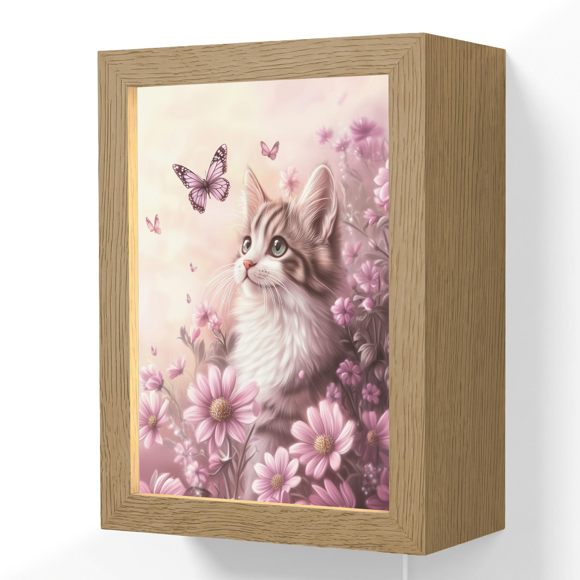 WANDLEUCHTE Kätzchen - Blumen - Schmetterlinge - Lila 15x20 cm - Altrosa, Holzwerkstoff (15/20/8cm) - OnlyWow