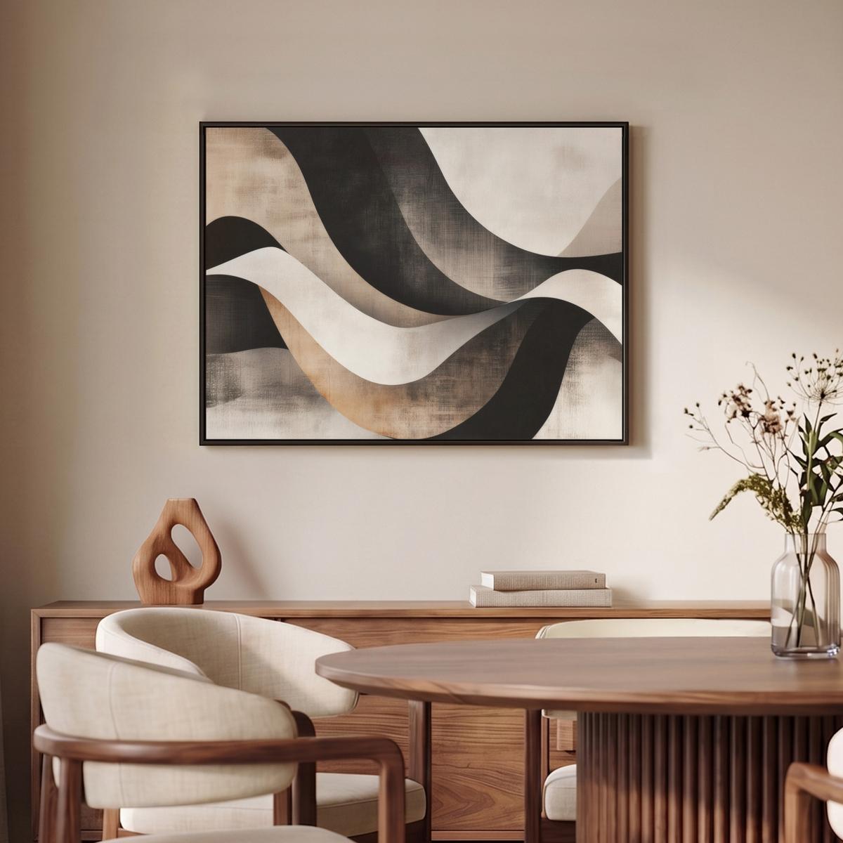 LEINWAND Bilder mit Rahmen - Abstrakt - Wellen - Schwarz - Verwittert - 70x50 - Trüffeleichefarben, Textil (70/50cm) - MuchoWow