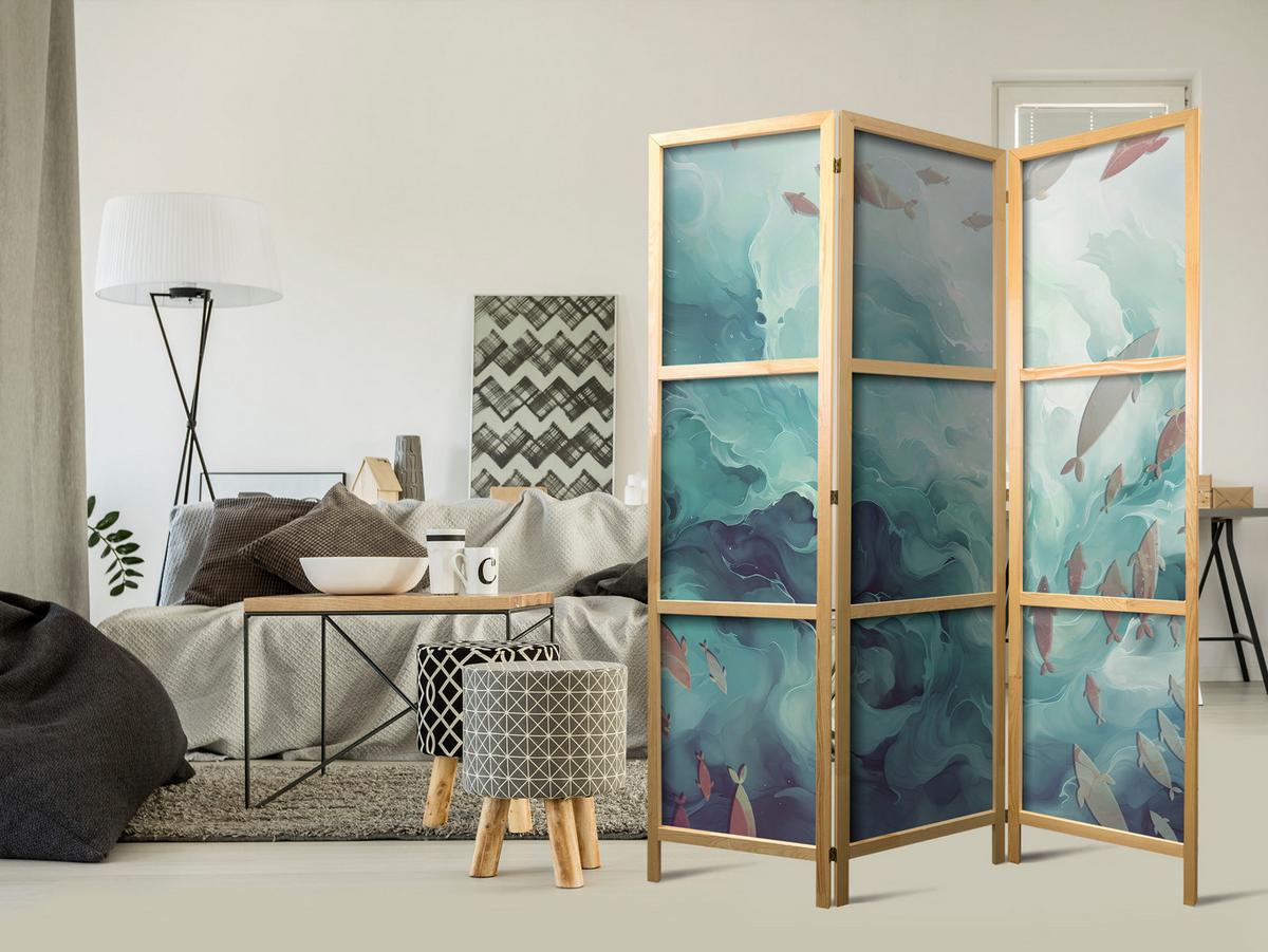 PARAVENT Japanischer 3-tlg 135x172 cm Fische im Meer - Grün, Holz/Textil (135/172/3cm) - Muralo