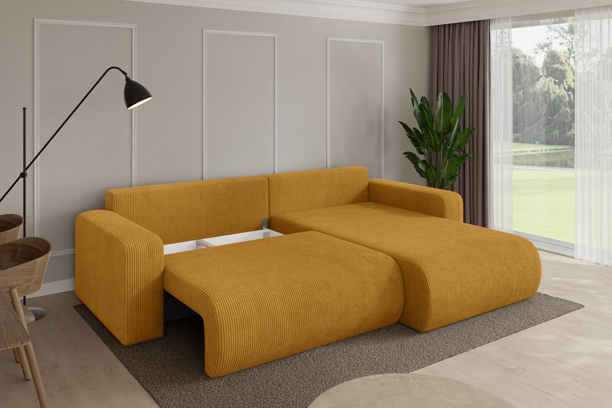 ECKSOFA mit Schlaffunktion Ottomane Rechts BERY-L 276x193x88 Senfgelb Cord - Dunkelgelb/Schwarz, Holzwerkstoff/Kunststoff (276/193cm) - ALTDECOR