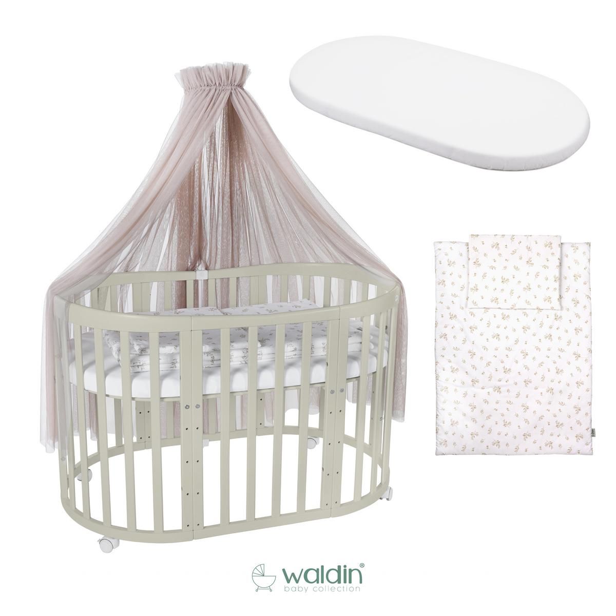 BABYBETT OLIVE OVAL 7in1 mit Matratze und Himmelset - Taupe/Olivgrün, Holz/Textil (73/125cm) - waldin