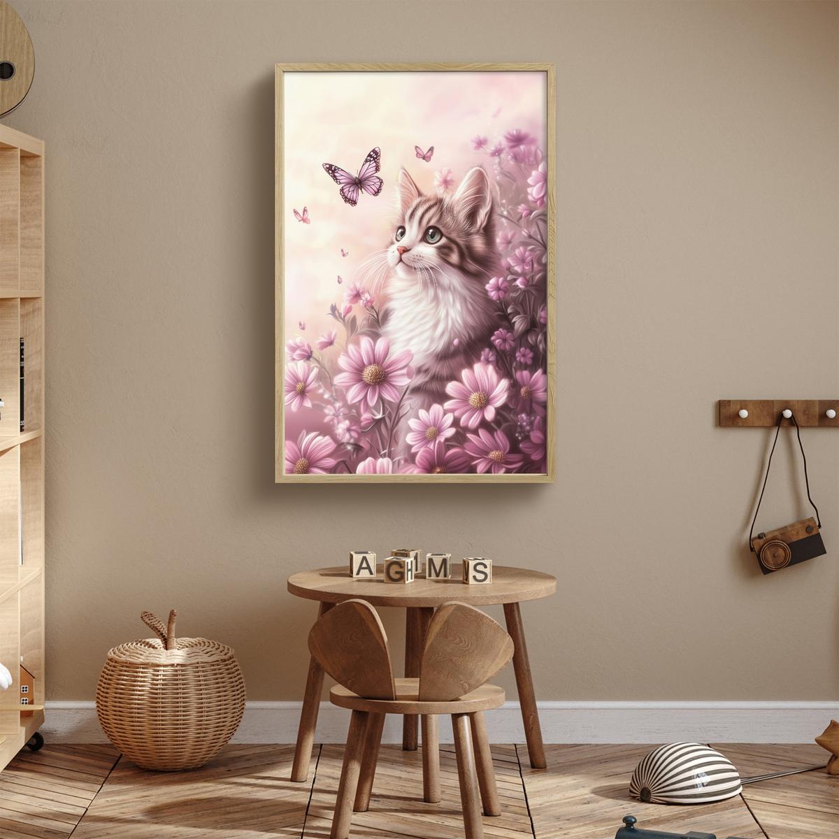 WANDLEUCHTE MIT AKKU Kätzchen - Blumen - Schmetterlinge - Lila 70x100 cm - Altrosa, Holzwerkstoff (70/100/8cm) - OnlyWow