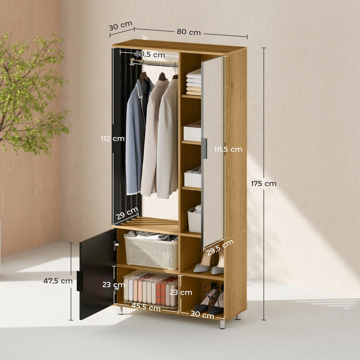 GARDEROBENSCHRANK mit Spiegel, Kleiderstange & Schuhschrank - Schwarz/Naturfarben, Holzwerkstoff/Kunststoff (30/175/80cm) - HOMCOM