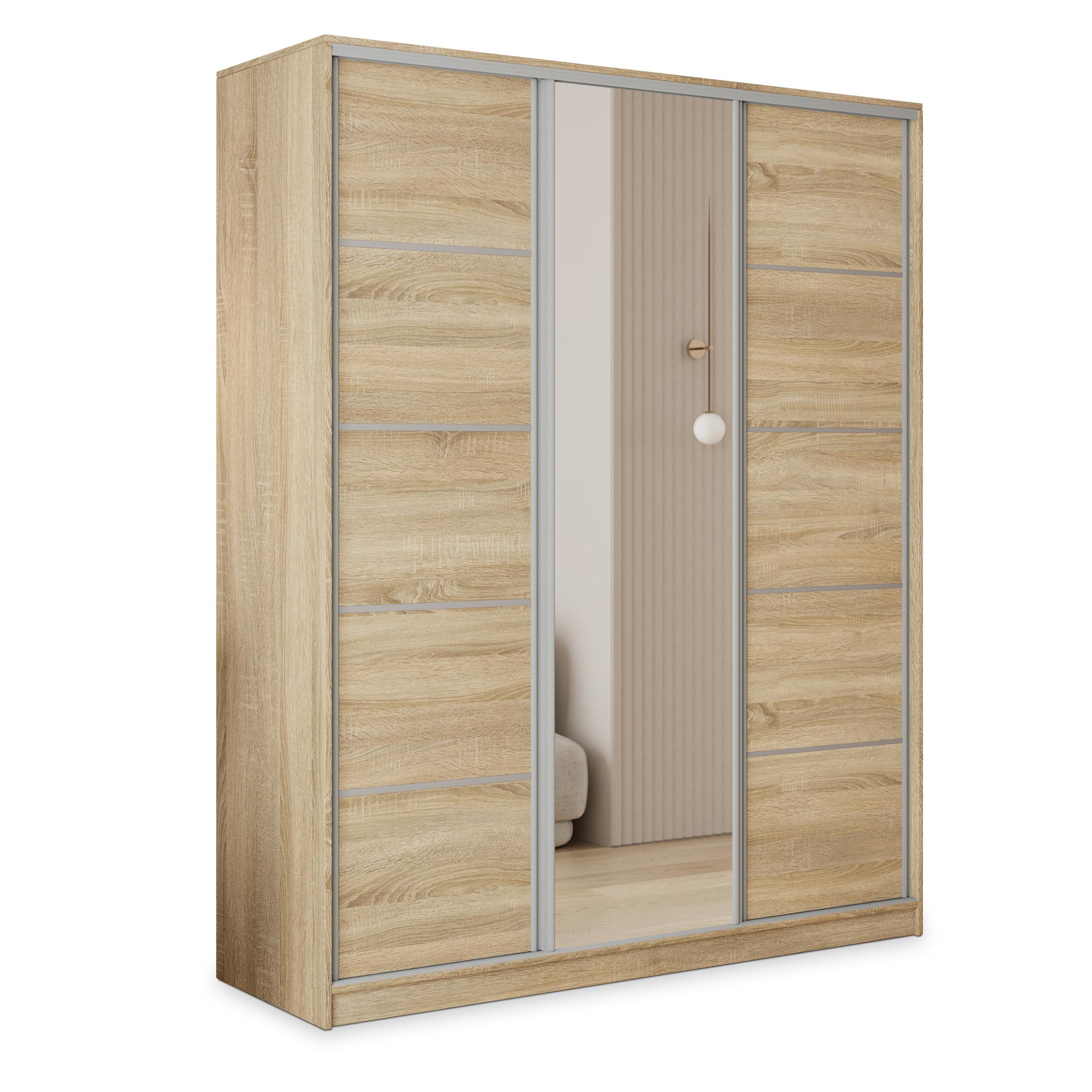 SCHWEBETÜRENSCHRANK PINA 150/205/58 cm 3-türig mit Spiegel und Schubladen Sonoma Eiche - Silberfarben/Sonoma Eiche, Holzwerkstoff (150/205/58cm) - MASSENO