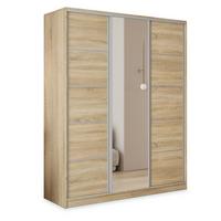 SCHWEBETÜRENSCHRANK PINA 150/205/58 cm 3-türig mit Spiegel und Schubladen Sonoma Eiche - Silberfarben/Sonoma Eiche, Holzwerkstoff (150/205/58cm) - MASSENO