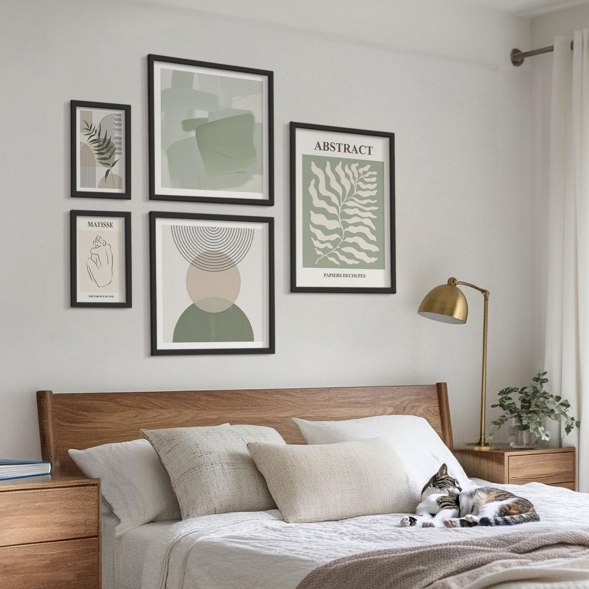 BILDER SET 5er Set - 50x50 cm & 20x30 cm & 40x60 cm Schwarzer Rahmen - Botanische Boho-Abstraktionen - Schwarz, Kunststoff (40/60cm) - TULUP
