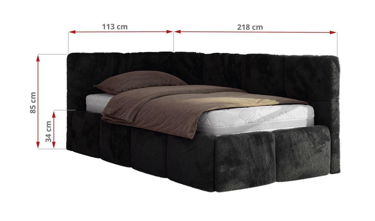 JUGENDBETT ARVO 90/200 - Schwarz Plüsch - Multipocket-Matratze - Rechts Seite - Schwarz, Textil (90/200cm) - MKS
