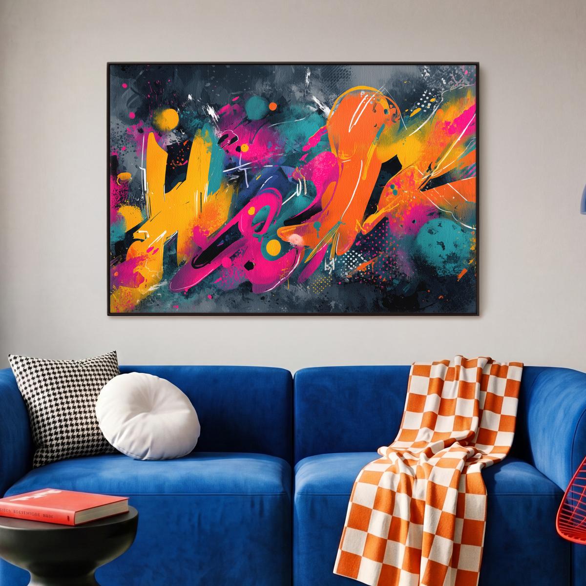 LEINWAND Bilder mit Rahmen - Abstrakt - Graffiti - Farbenfroh - Farbspritzer - 90x60 - Multicolor, Textil (90/60cm) - MuchoWow